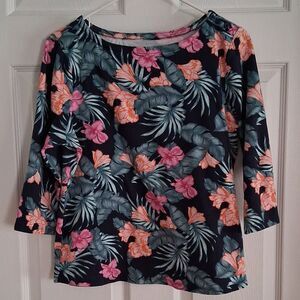Charter Club Size L Women's Black Pink Floral 3/4 Sleeve Supima Cotton Blouse